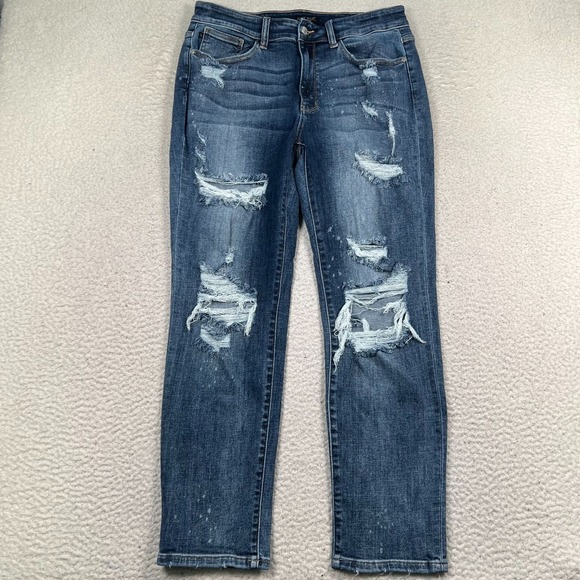 Judy Blue Jeans Women 14W Boyfriend Fit High Rise Destroyed Whiskered Denim Blue - Picture 1 of 10